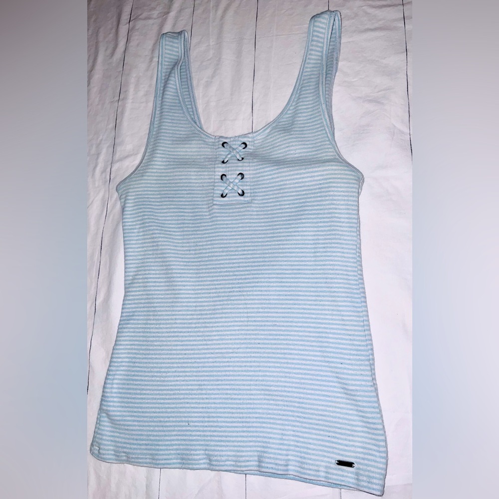 Hollister Co. Baby Blue & White Striped Tank Top with Lace Up Details Size Large